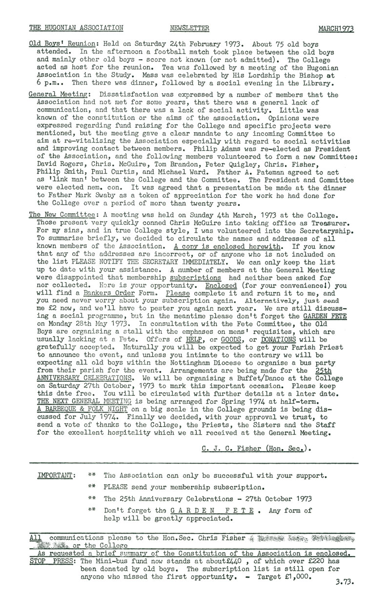 Hugonian Association Newsletter 1973 page 1