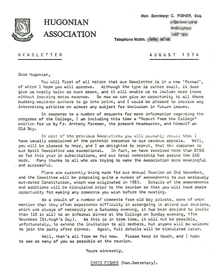Hugonian Association Newsletter 1974 page 1