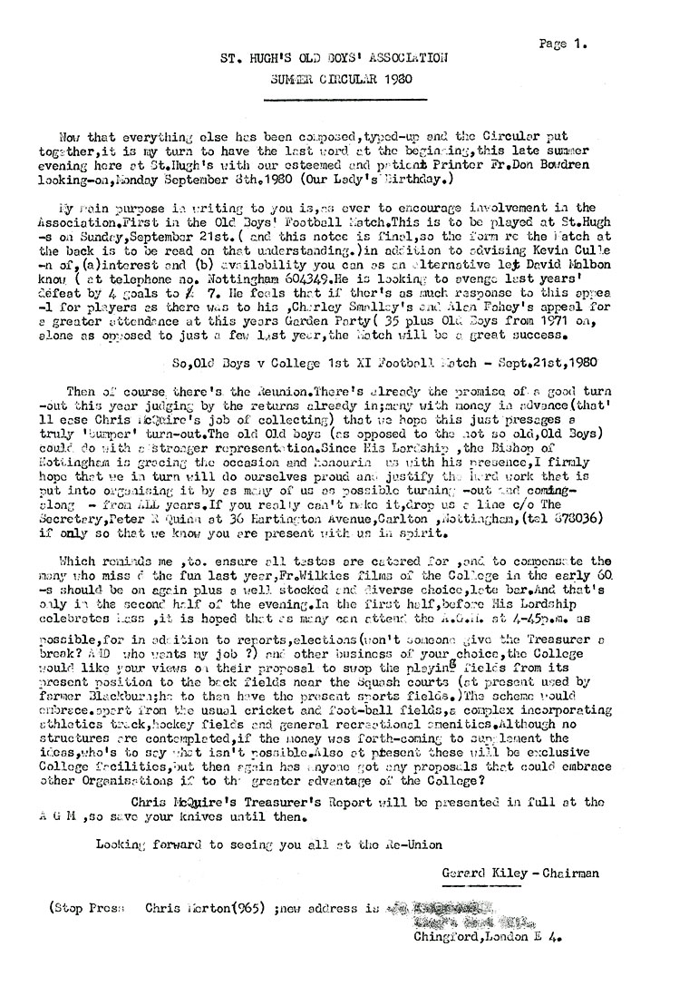 Hugonian Association Summer Circular 1980 page 1