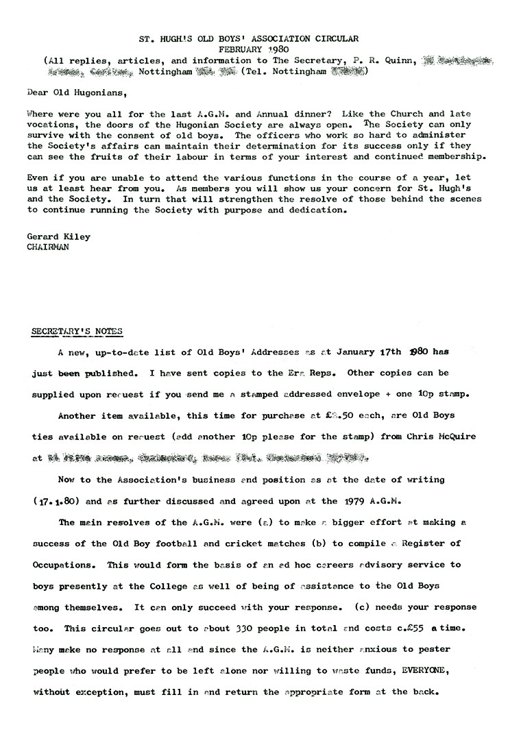 Hugonian Association Circular February 1980 page 1