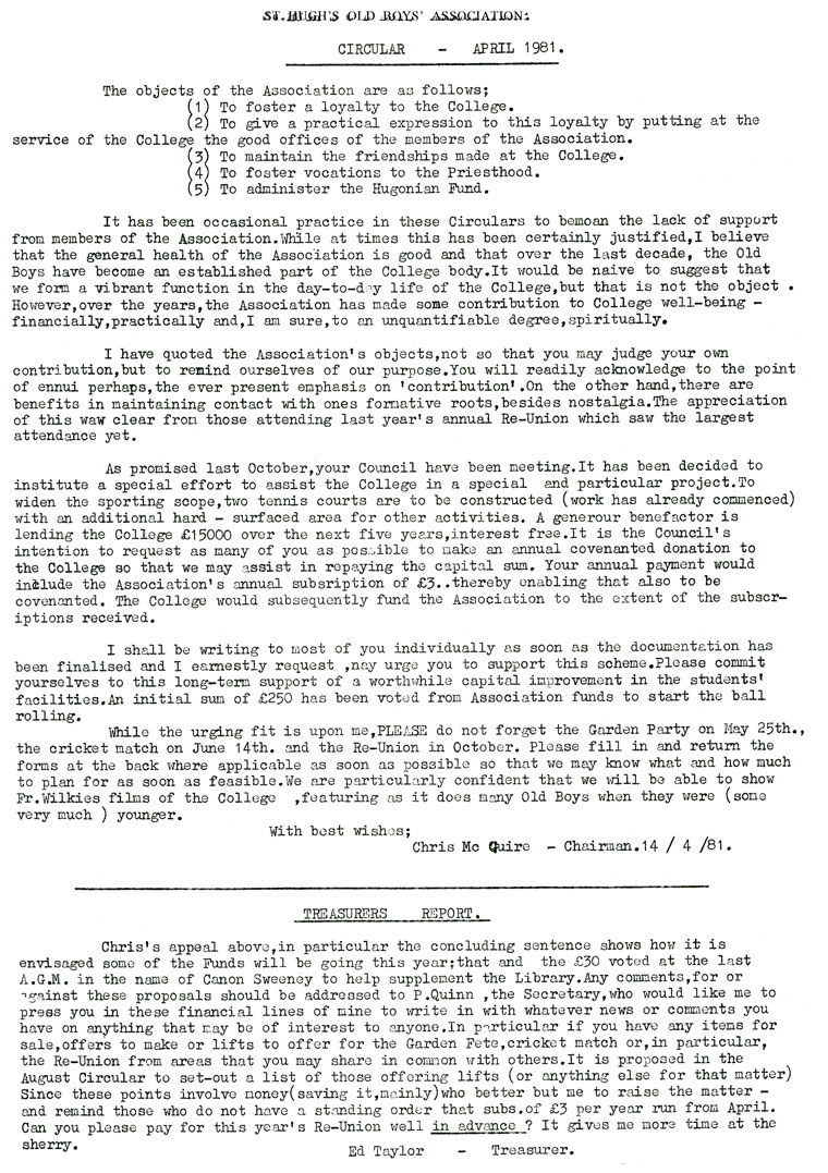 Hugonian Association Circular April 1981 page 1