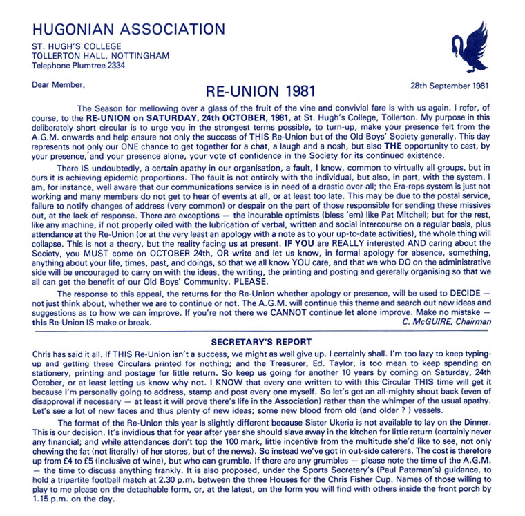 Hugonian Association Newsletter 1981 page 1