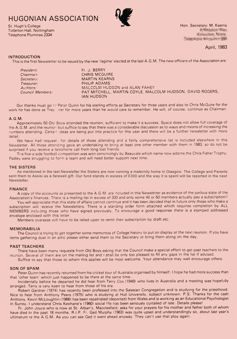 Hugonian Association Newsletter 1983 page 1