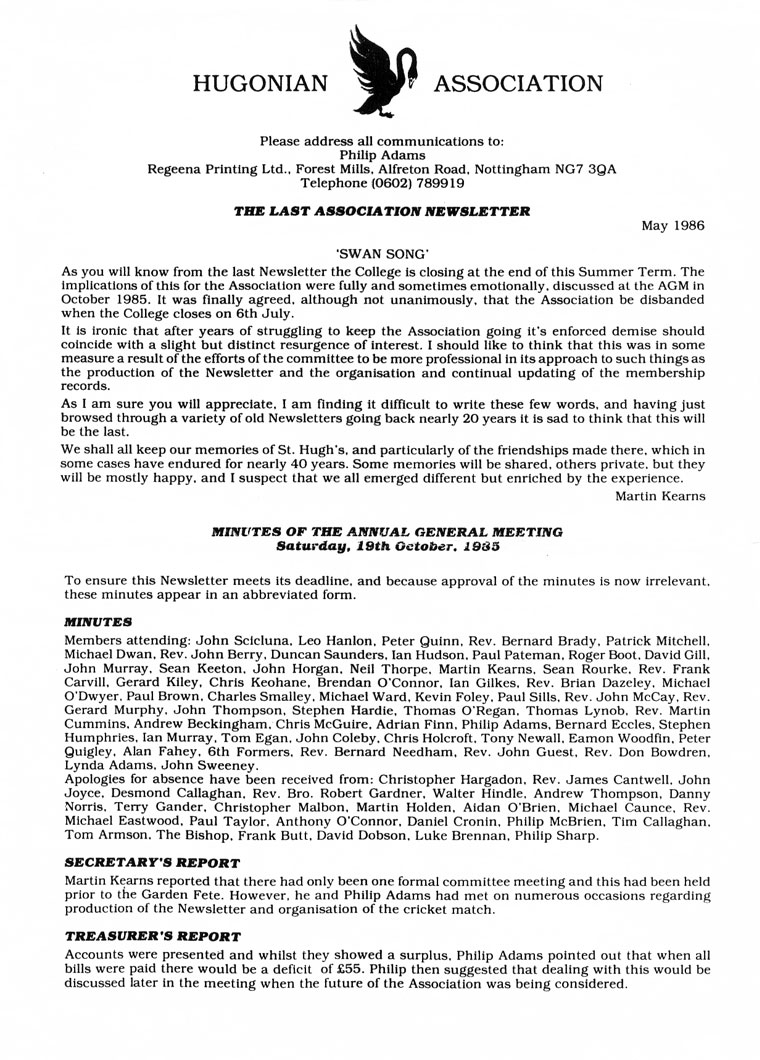 Hugonian Association Newsletter 1986 page 1