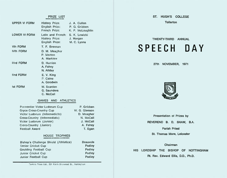 Speechday 1971 programme